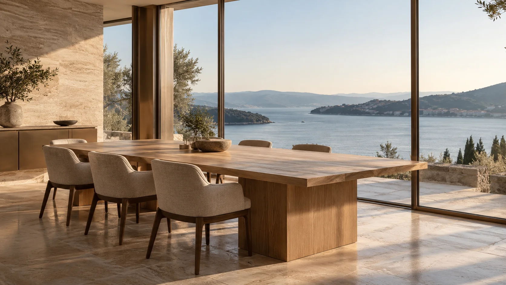 Warm oak and natural stone in an illustrative waterside meeting space